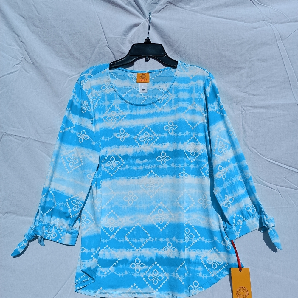 Ruby Rd. Aqua blue tie dye women's top 3/4 tie sleeves size Large Modest New